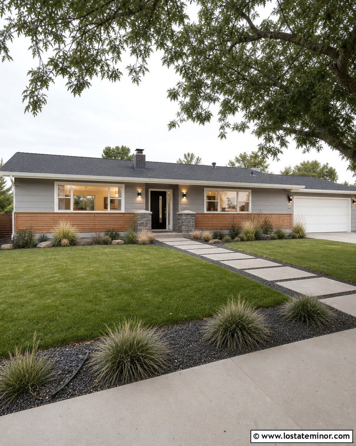 Dove Grey Ranch With Horizontal Wood Railings - 30 Dove Grey House Design With Railings Ideas