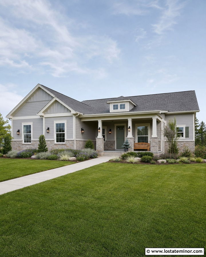 Dove Grey Ranch With Sage Green Porch Ceiling - 30 Dove Grey House Design With Porch Ceiling Ideas