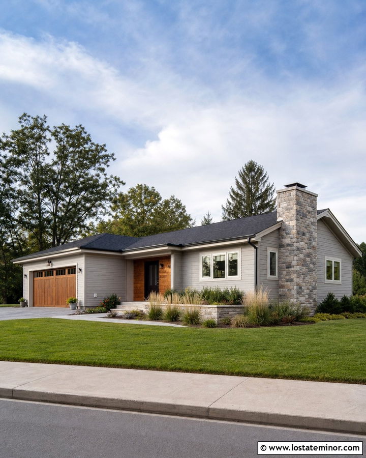 Dove Grey Ranch With Side Stone Chimney - 30 Dove Grey House Design With Chimney Ideas