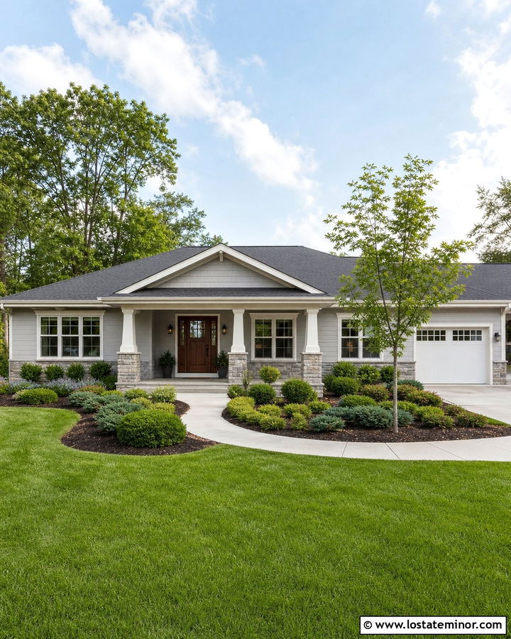 Dove Grey Ranch With Stone Base Porch Columns - 30 Dove Grey House Design With Porch Columns Ideas