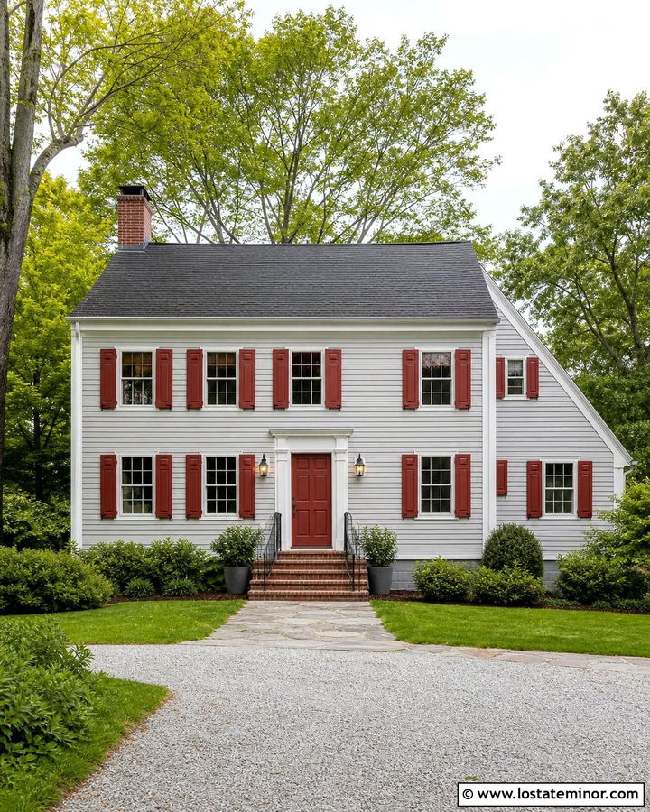 Dove Grey Saltbox House With Red Shutters - 30 Dove Grey House Design With Shutters Ideas
