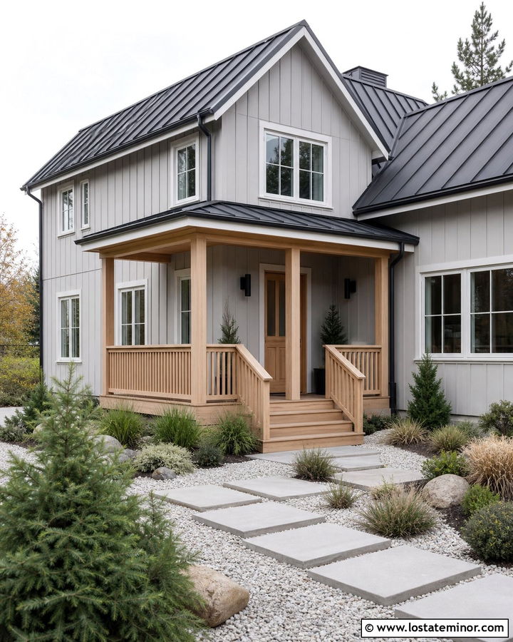 Dove Grey Scandinavian House With Natural Wood Railings - 30 Dove Grey House Design With Railings Ideas