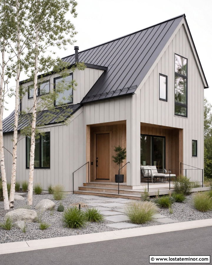 Dove Grey Scandinavian House With Wood Porch - 30 Dove Grey House Design With Front Porch Ideas
