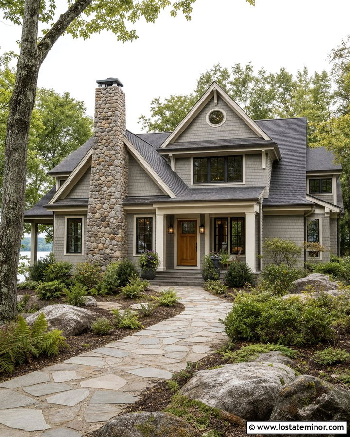 Dove Grey Shake Siding With Fieldstone Chimney - 30 Dove Grey House Design With Chimney Ideas