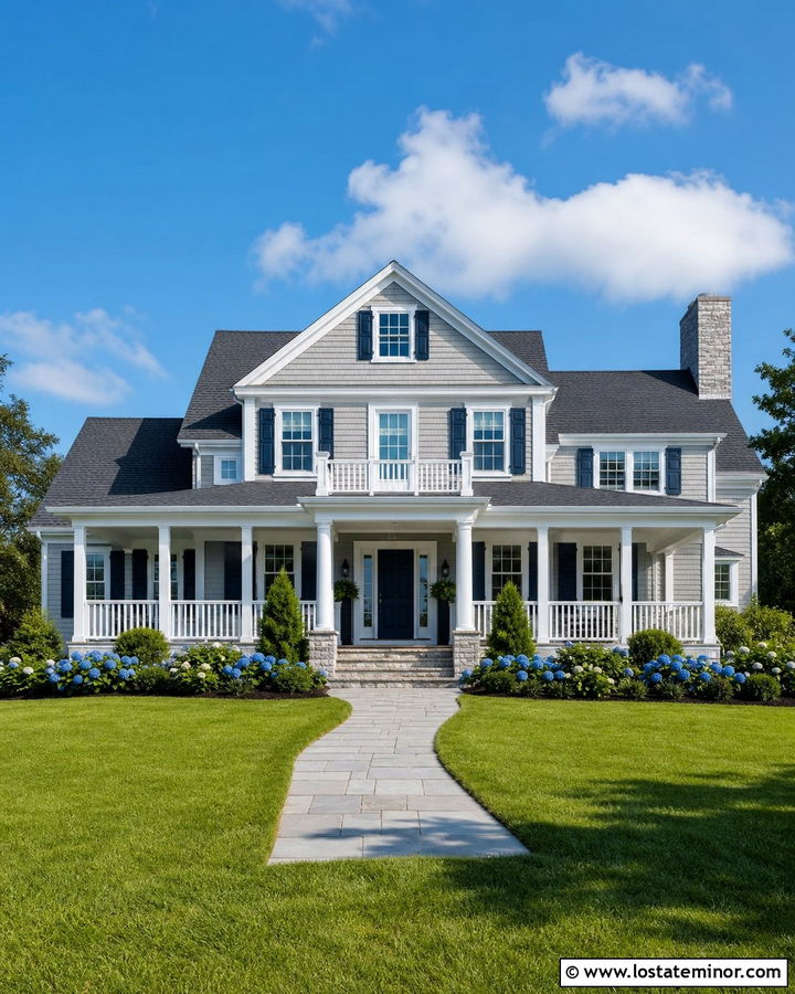 Dove Grey Shingle House With White Porch Railings - 30 Dove Grey House Design With Railings Ideas