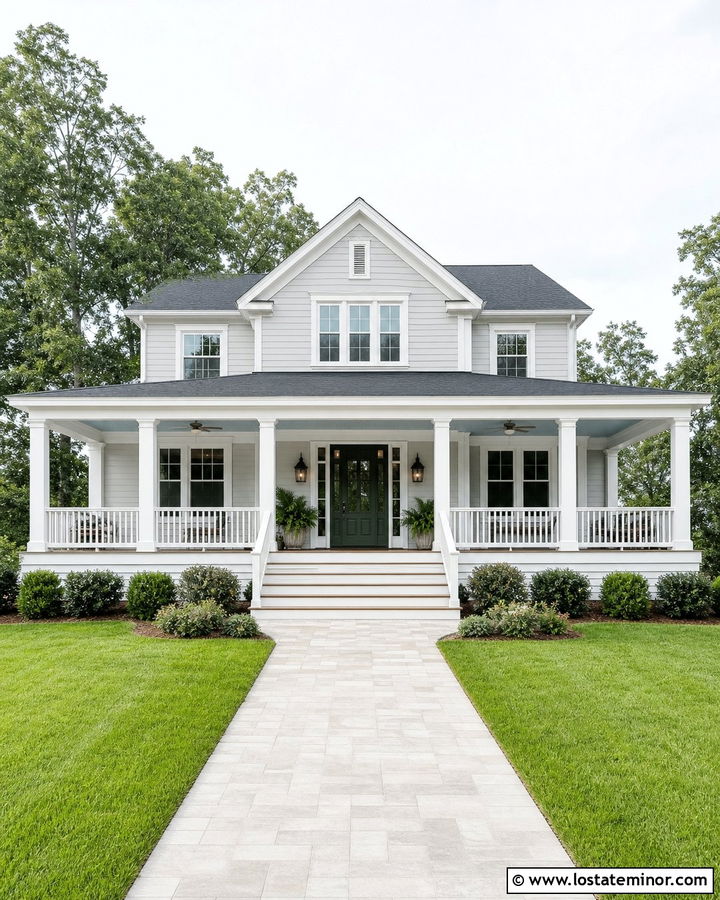 Dove Grey Siding With A Covered Porch - 30 Dove Grey House Design With Siding Ideas