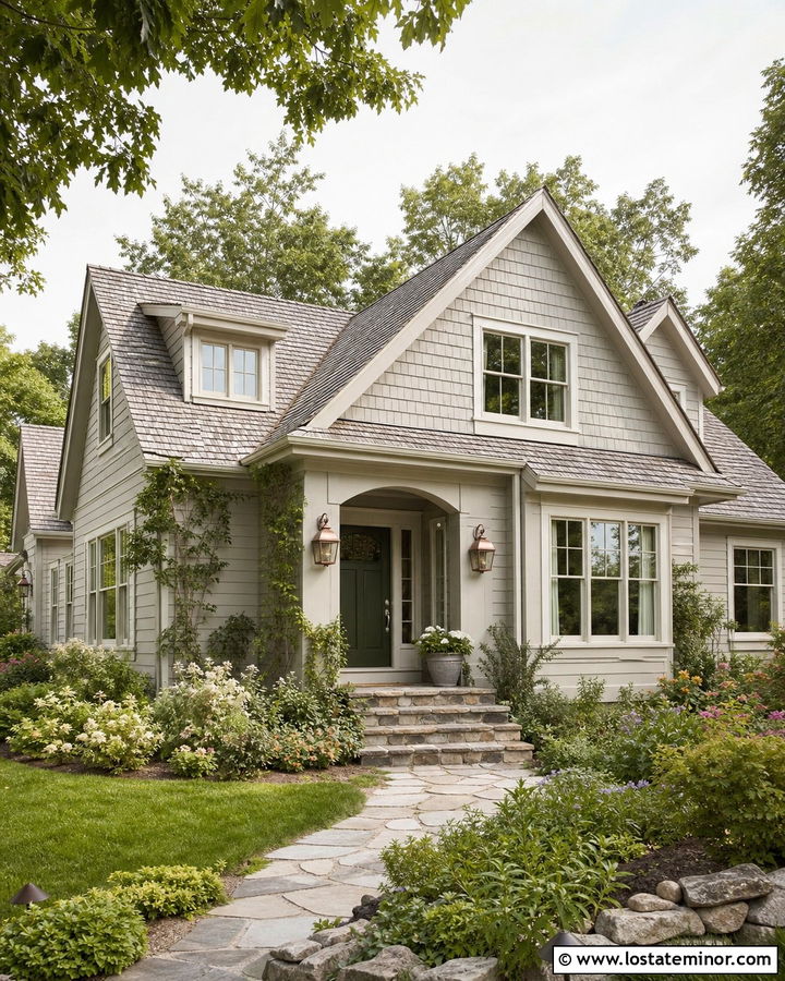 Dove Grey Siding With A Green Front Door - 30 Dove Grey House Design With Siding Ideas