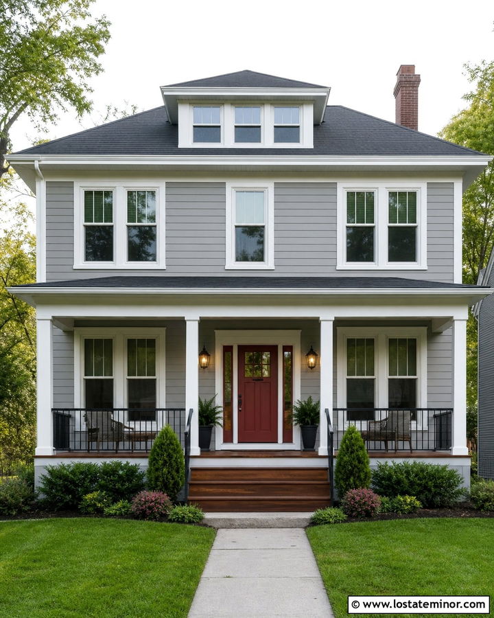 Dove Grey Siding With A Red Front Door - 30 Dove Grey House Design With Siding Ideas