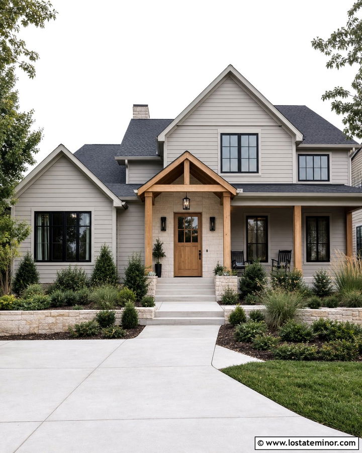 Dove Grey Siding With A Wood Front Door - 30 Dove Grey House Design With Siding Ideas