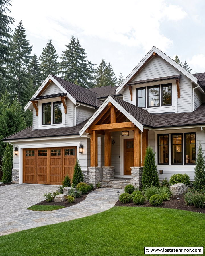 Dove Grey Siding With A Wood Garage Door - 30 Dove Grey House Design With Siding Ideas