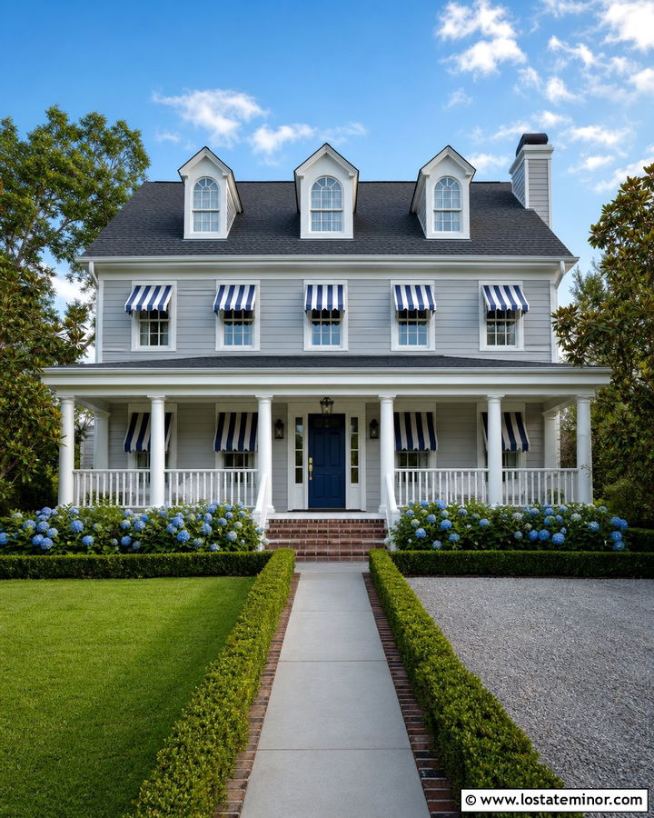 Dove Grey Southern House With Blue Striped Awning - 30 Dove Grey House Design With Awning Ideas