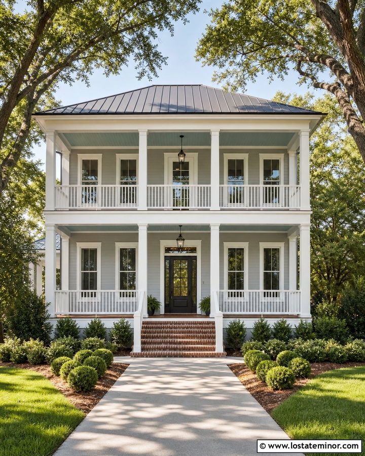 Dove Grey Southern House With Double Porch Railings - 30 Dove Grey House Design With Railings Ideas