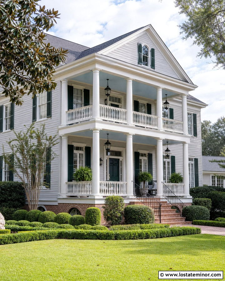 Dove Grey Southern House With Double Porch - 30 Dove Grey House Design With Front Porch Ideas