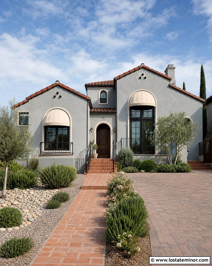 Dove Grey Spanish House With Cream Awning - 30 Dove Grey House Design With Awning Ideas