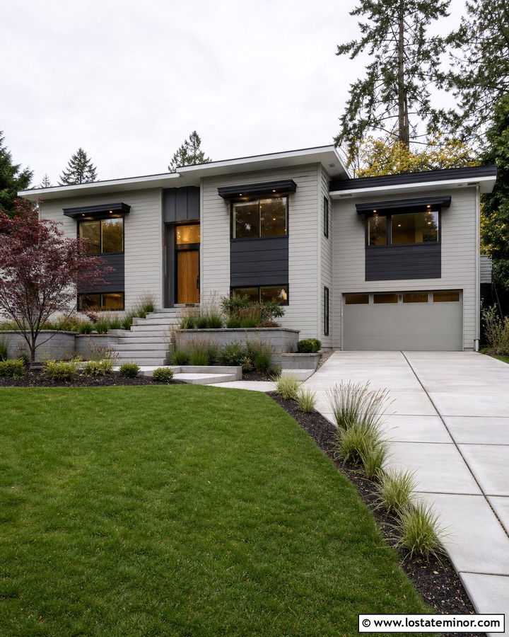 Dove Grey Split Level House With Flat Window Awning - 30 Dove Grey House Design With Awning Ideas