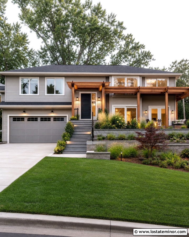 Dove Grey Split Level House With Pergola - 30 Dove Grey House Design With Pergola Ideas