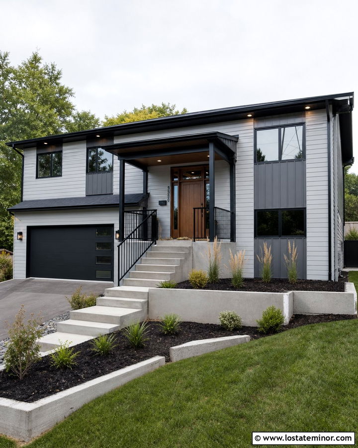 Dove Grey Split Level With Black Porch Columns - 30 Dove Grey House Design With Porch Columns Ideas