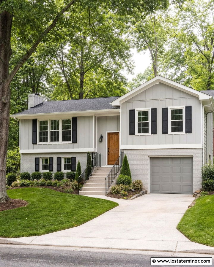 Dove Grey Split Level With Black Shutters - 30 Dove Grey House Design With Shutters Ideas