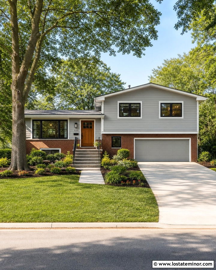 Dove Grey Split Level With Brick - 30 Dove Grey House Design With Brick Accents Ideas