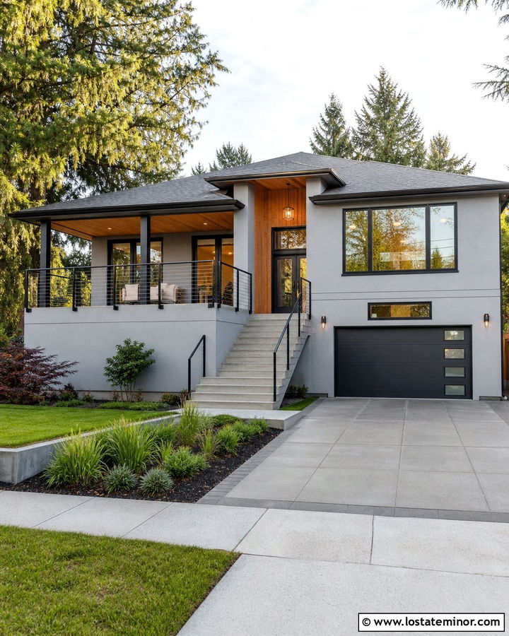 Dove Grey Split Level With Cable Railings - 30 Dove Grey House Design With Railings Ideas