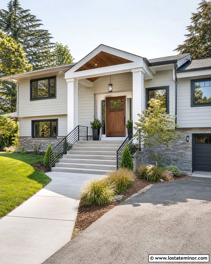 Dove Grey Split Level With Covered Entry Porch - 30 Dove Grey House Design With Front Porch Ideas