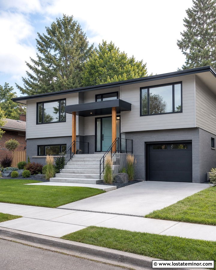 Dove Grey Split Level With Flat Portico - 30 Dove Grey House Design With Portico Ideas