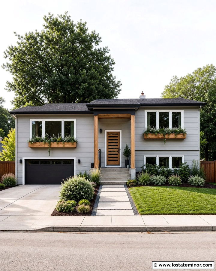 Dove Grey Split Level With Natural Wood Window Boxes - 30 Dove Grey House Design With Window Boxes Ideas
