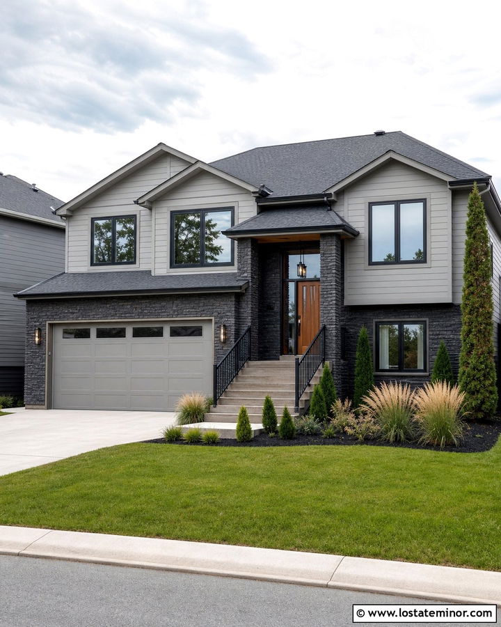 Dove Grey Split Level With Stacked Stone Garage - 30 Dove Grey House Design With Stone Accents Ideas
