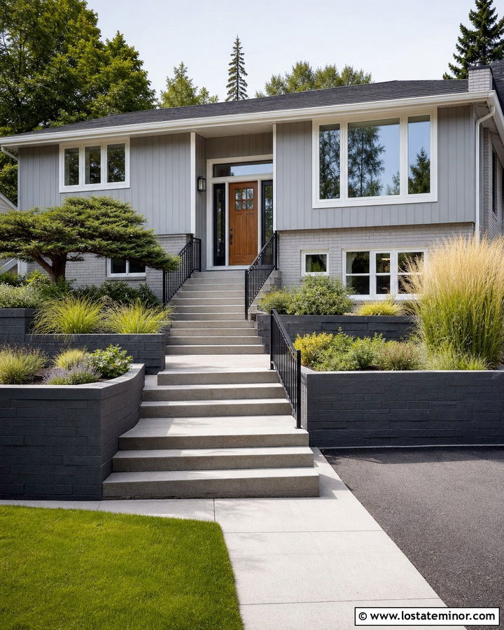 Dove Grey Split Level With Terraced Steps - 30 Dove Grey House Design With Steps Ideas