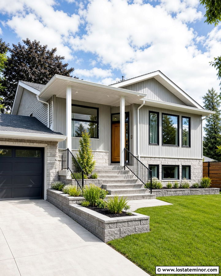 Dove Grey Split Level With White Aluminum Porch Ceiling - 30 Dove Grey House Design With Porch Ceiling Ideas