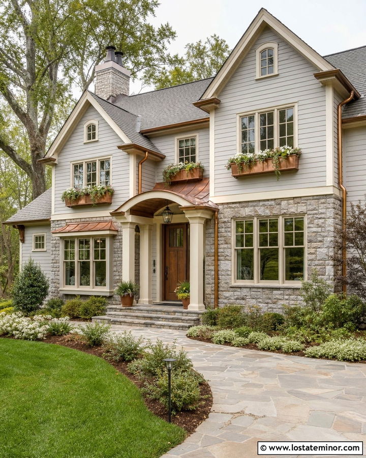 Dove Grey Stone House With Copper Window Boxes - 30 Dove Grey House Design With Window Boxes Ideas