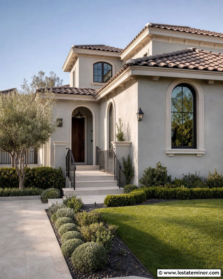 Dove Grey Stucco House With Bronze Railings - 30 Dove Grey House Design With Railings Ideas