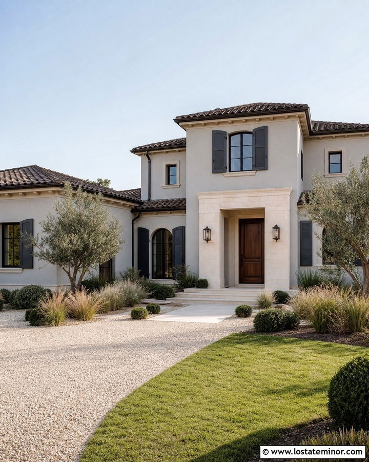 Dove Grey Stucco House With Bronze Shutters - 30 Dove Grey House Design With Shutters Ideas