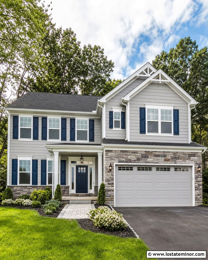 Dove Grey Suburban House With Composite Shutters - 30 Dove Grey House Design With Shutters Ideas