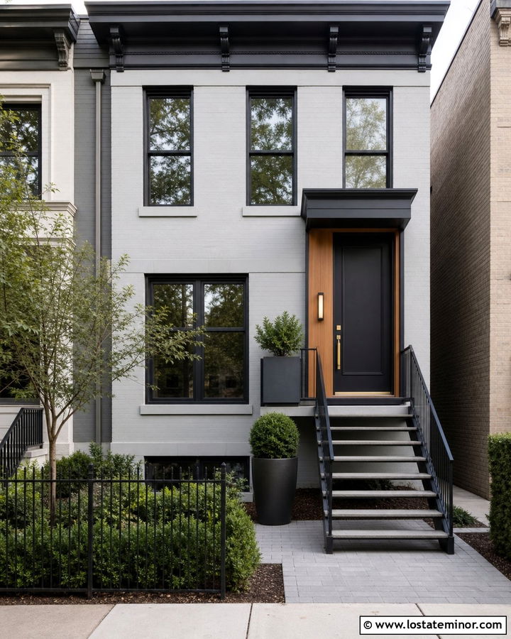 Dove Grey Townhouse With Black Metal Steps - 30 Dove Grey House Design With Steps Ideas