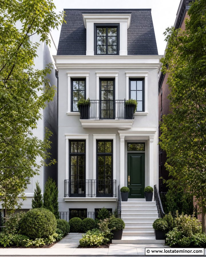 Dove Grey Townhouse With Slim Black Railings - 30 Dove Grey House Design With Railings Ideas