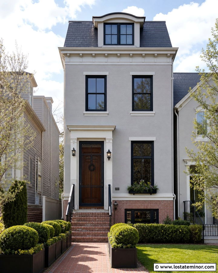 Dove Grey Townhouse With Slim Black Screen Door - 30 Dove Grey House Design With Screen Door Ideas