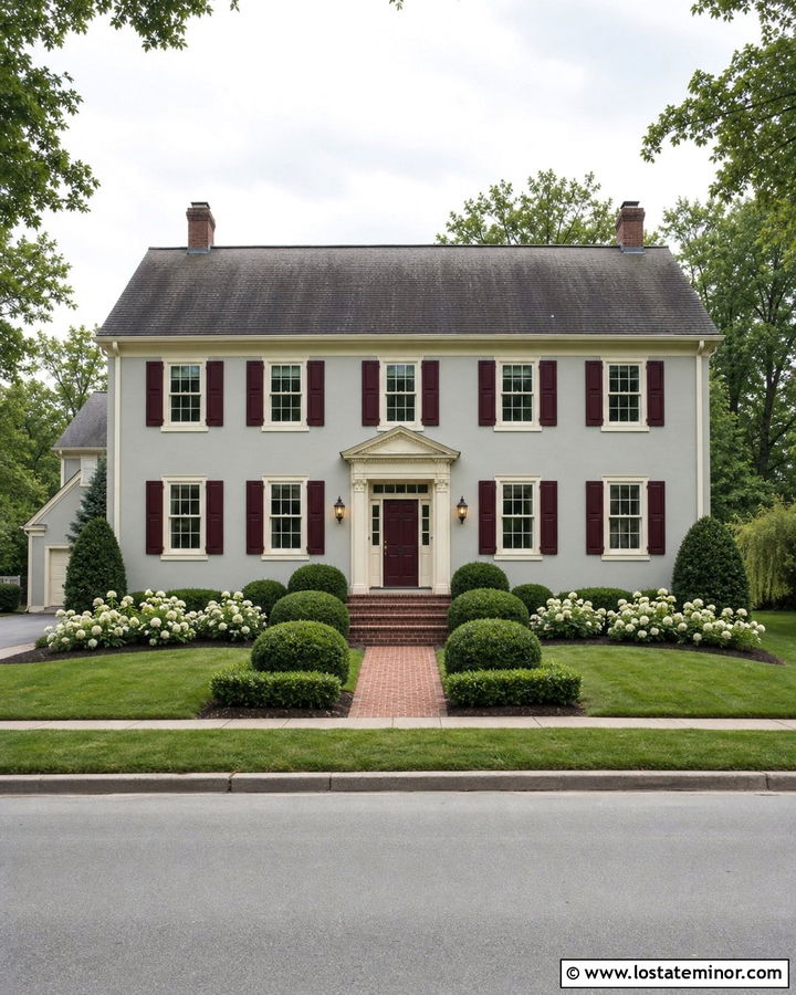 Dove Grey Traditional House With Burgundy Shutters - 30 Dove Grey House Design With Shutters Ideas
