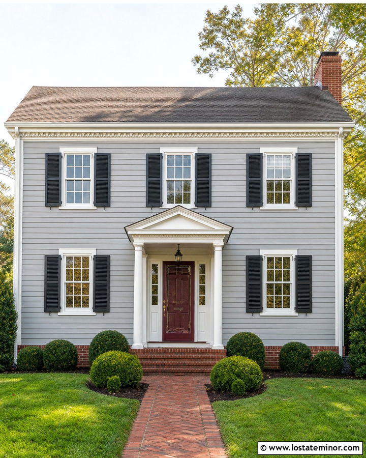Dove Grey Traditional House With Burgundy Storm Door - 30 Dove Grey House Design With Storm Door Ideas