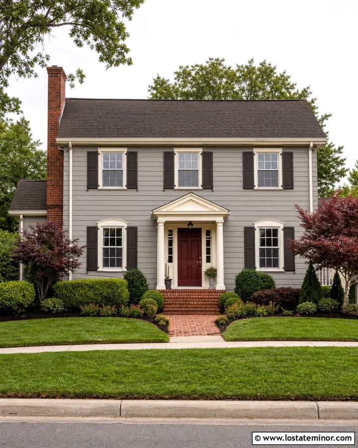 Dove Grey Traditional House With Red Brick Chimney - 30 Dove Grey House Design With Chimney Ideas
