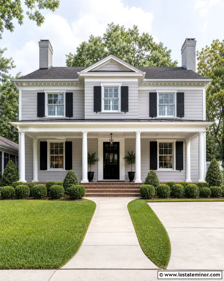 Dove Grey Traditional House With White Coffered Porch Ceiling - 30 Dove Grey House Design With Porch Ceiling Ideas