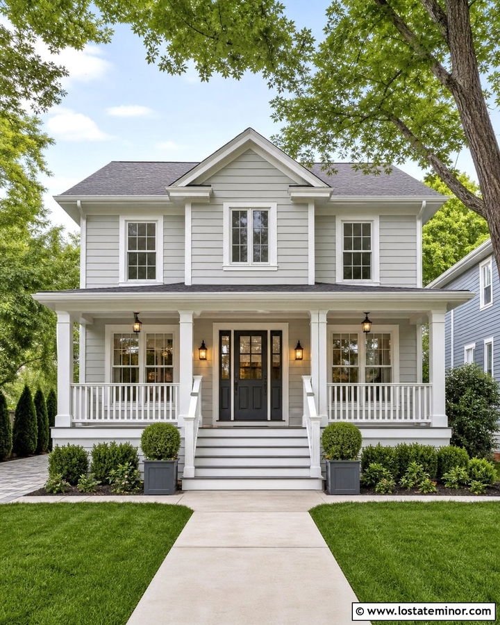 Dove Grey Traditional House With White Railings - 30 Dove Grey House Design With Steps Ideas