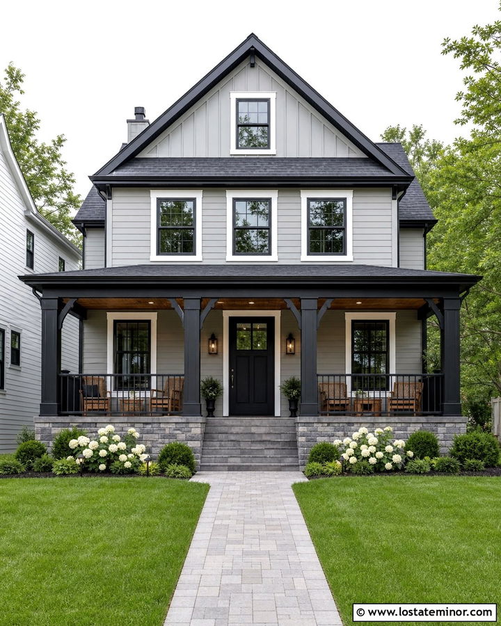 Dove Grey Transitional House With Black Front Porch - 30 Dove Grey House Design With Front Porch Ideas
