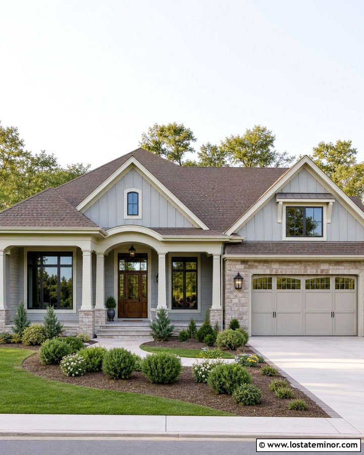Dove Grey Transitional House With Greige Porch Ceiling - 30 Dove Grey House Design With Porch Ceiling Ideas