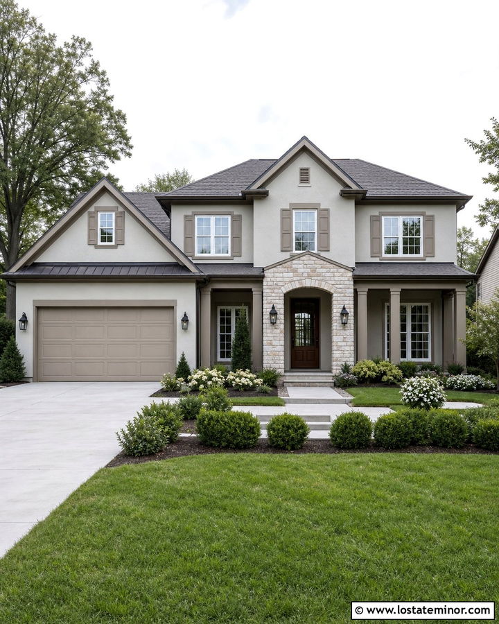 Dove Grey Transitional House With Greige Shutters - 30 Dove Grey House Design With Shutters Ideas