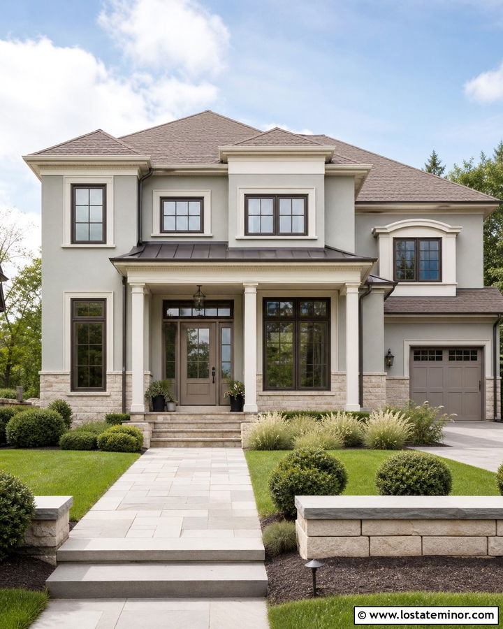 Dove Grey Transitional House With Taupe Storm Door - 30 Dove Grey House Design With Storm Door Ideas