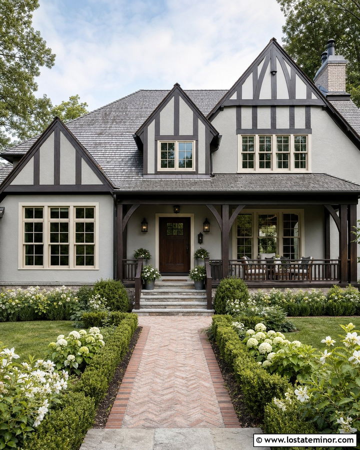 Dove Grey Tudor House With Dark Wood Railings - 30 Dove Grey House Design With Railings Ideas