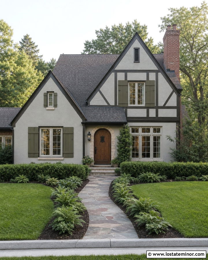 Dove Grey Tudor House With Olive Shutters - 30 Dove Grey House Design With Shutters Ideas