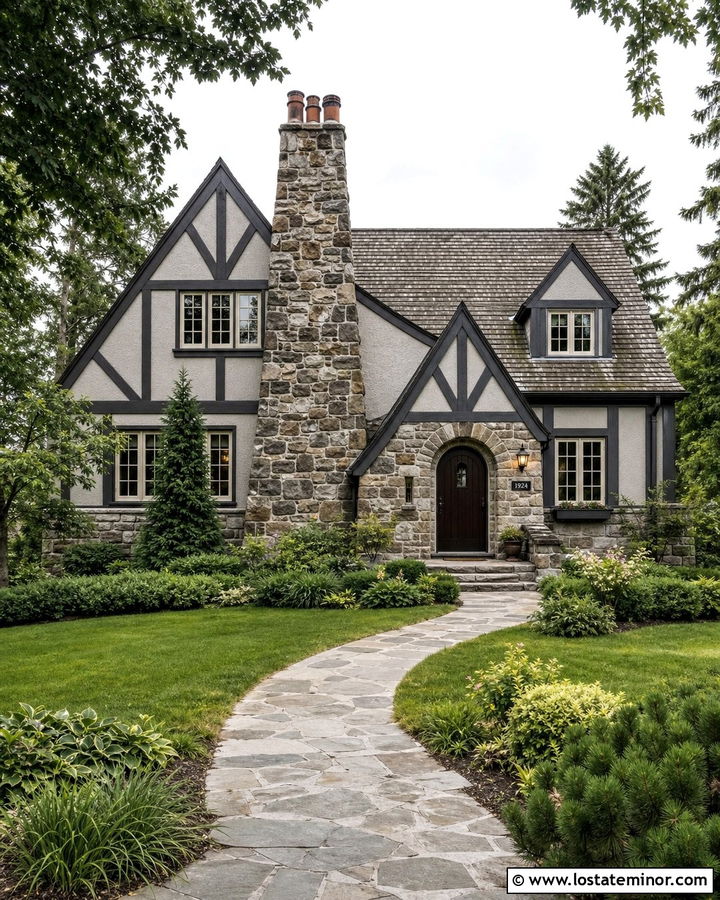Dove Grey Tudor House With Stone Chimney - 30 Dove Grey House Design With Chimney Ideas