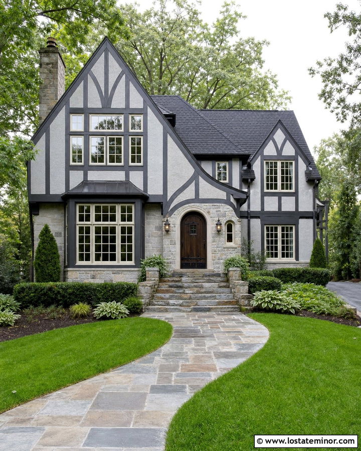 Dove Grey Tudor House With Stone Steps - 30 Dove Grey House Design With Steps Ideas